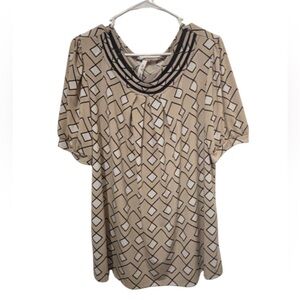 NY Collection Geometric Print Short Sleeve Women's Top in Beige and Black 2X